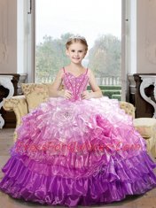 Amazing Hot Pink Ball Gowns Organza Sweetheart Sleeveless Beading and Ruffles Floor Length Lace Up Quince Ball Gowns