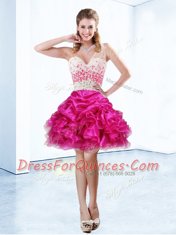 One Shoulder Fuchsia Sleeveless Knee Length Beading and Ruffles and Pick Ups Criss Cross Evening Dress