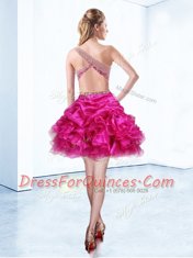 One Shoulder Fuchsia Sleeveless Knee Length Beading and Ruffles and Pick Ups Criss Cross Evening Dress