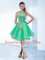 Turquoise A-line Organza Halter Top Sleeveless Beading Knee Length Zipper Dress for Prom
