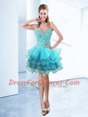 Extravagant Sleeveless Knee Length Ruffles Lace Up Prom Dresses with Aqua Blue