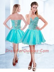 Inexpensive Sleeveless Mini Length Beading Lace Up Prom Dress with Aqua Blue