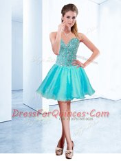 Inexpensive Sleeveless Mini Length Beading Lace Up Prom Dress with Aqua Blue