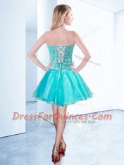 Inexpensive Sleeveless Mini Length Beading Lace Up Prom Dress with Aqua Blue