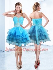 Ruffled Blue Sleeveless Organza Lace Up Prom Gown for Prom and Party
