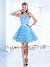Most Popular Halter Top Blue Sleeveless Organza Zipper Evening Dress for Prom and Party