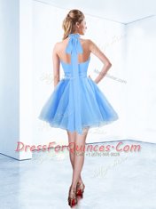 Most Popular Halter Top Blue Sleeveless Organza Zipper Evening Dress for Prom and Party