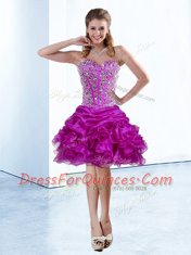 Suitable Fuchsia Lace Up Sweetheart Beading and Ruffles and Pick Ups Evening Dress Organza Sleeveless