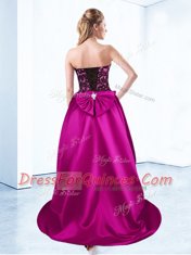 A-line Prom Gown Fuchsia Sweetheart Satin Sleeveless High Low Lace Up