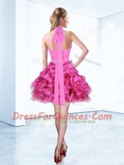 Free and Easy Halter Top Sleeveless Organza Mini Length Zipper Prom Evening Gown in Hot Pink with Ruffles and Ruching and Belt