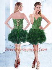 Dark Green A-line Organza Sweetheart Sleeveless Ruffles Knee Length Lace Up Dress for Prom