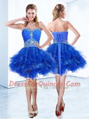 Knee Length Royal Blue Prom Dress Organza Sleeveless Ruffles and Ruching