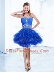 Knee Length Royal Blue Prom Dress Organza Sleeveless Ruffles and Ruching