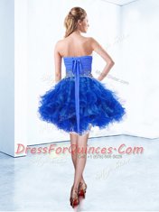 Knee Length Royal Blue Prom Dress Organza Sleeveless Ruffles and Ruching