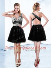 Fancy Black Sleeveless Mini Length Beading and Sequins Lace Up Prom Party Dress