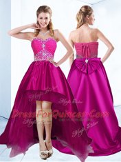 Sweetheart Sleeveless Satin Prom Dress Beading and Ruching Brush Train Lace Up