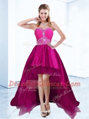Sweetheart Sleeveless Satin Prom Dress Beading and Ruching Brush Train Lace Up