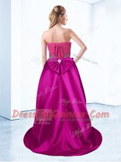 Sweetheart Sleeveless Satin Prom Dress Beading and Ruching Brush Train Lace Up