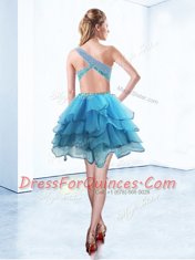 Designer One Shoulder Sleeveless Criss Cross Knee Length Beading and Ruffled Layers Prom Party Dress