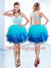 Aqua Blue A-line One Shoulder Sleeveless Organza Knee Length Criss Cross Beading and Ruffles Prom Dress