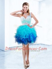 Aqua Blue A-line One Shoulder Sleeveless Organza Knee Length Criss Cross Beading and Ruffles Prom Dress