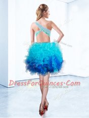Aqua Blue A-line One Shoulder Sleeveless Organza Knee Length Criss Cross Beading and Ruffles Prom Dress