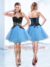 Sleeveless Organza Mini Length Lace Up Prom Dress in Blue And Black with Appliques