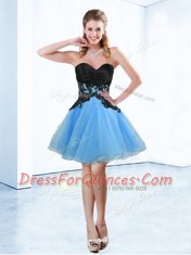 Sleeveless Organza Mini Length Lace Up Prom Dress in Blue And Black with Appliques