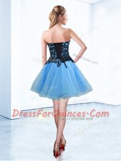 Sleeveless Organza Mini Length Lace Up Prom Dress in Blue And Black with Appliques