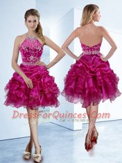 Halter Top Fuchsia Sleeveless Knee Length Beading and Ruffles and Pick Ups Zipper
