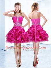Latest Organza Sweetheart Sleeveless Lace Up Beading and Ruffles and Pick Ups Dress for Prom in Hot Pink