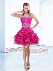 Latest Organza Sweetheart Sleeveless Lace Up Beading and Ruffles and Pick Ups Dress for Prom in Hot Pink