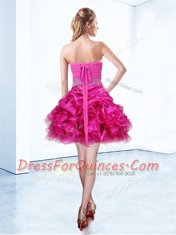 Latest Organza Sweetheart Sleeveless Lace Up Beading and Ruffles and Pick Ups Dress for Prom in Hot Pink