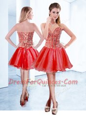 Modest V-neck Sleeveless Dress for Prom Mini Length Beading Red Organza