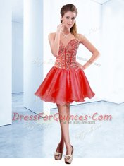Modest V-neck Sleeveless Dress for Prom Mini Length Beading Red Organza