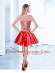 Modest V-neck Sleeveless Dress for Prom Mini Length Beading Red Organza