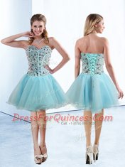 Beading Evening Dress Light Blue Lace Up Sleeveless Knee Length