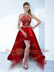 Traditional Halter Top Red Sleeveless Beading High Low Prom Dress
