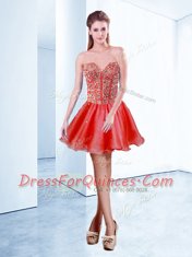 V-neck Sleeveless Lace Up Prom Gown Red Organza