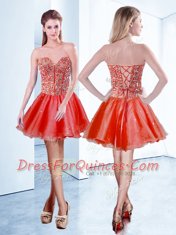 V-neck Sleeveless Lace Up Prom Gown Red Organza