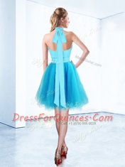 A-line Evening Dress Aqua Blue Halter Top Organza Sleeveless Knee Length Zipper