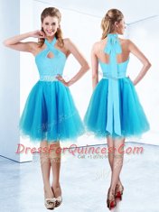 A-line Evening Dress Aqua Blue Halter Top Organza Sleeveless Knee Length Zipper
