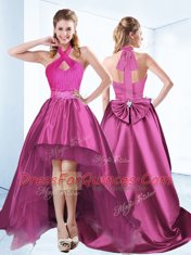 Comfortable Halter Top Sleeveless Homecoming Dress High Low Ruching and Bowknot and Belt Fuchsia Satin