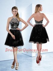 Elegant Halter Top Knee Length Zipper Prom Dress Black for Prom and Party with Beading