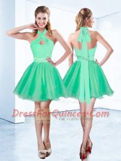 Halter Top Sleeveless Zipper Mini Length Ruching and Belt Homecoming Dress