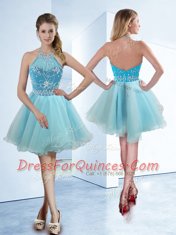 Halter Top Light Blue Sleeveless Organza Zipper for Prom and Party