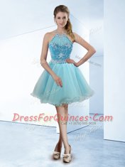 Halter Top Light Blue Sleeveless Organza Zipper for Prom and Party