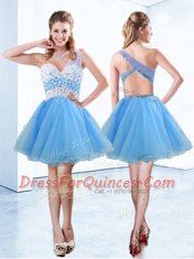 Baby Blue One Shoulder Neckline Beading Prom Dresses Sleeveless Criss Cross