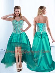 Fantastic Teal A-line Sweetheart Sleeveless Satin High Low Lace Up Beading and Bowknot Dress for Prom