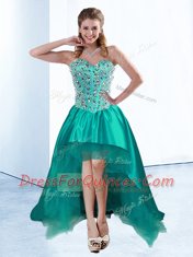 Fantastic Teal A-line Sweetheart Sleeveless Satin High Low Lace Up Beading and Bowknot Dress for Prom